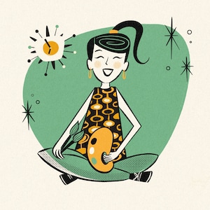 1 PERSON Personalisiertes Porträt im Cartoon-Stil; Retro-Vibe-Porträt; Midcentury Moderne Karikatur; Geschenk für Brautjungfern, Freundinnen, Freunde