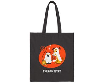 Halloween Cat and dog; Trick or treat bag; Tote bag with spooky cat and dog ghosts; Black canvas tote bag; Gift for girlfriend or kids