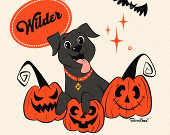 1 pet Halloween custom portrait, Personalized gift for dog or cat lovers,Dog cartoon in Midcentury Modern style, Halloween spooky card
