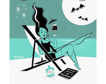 Monster Bride at beach Art Print; Perfect gift for monster lovers, girlfriend, boyfriend; Halloween Wall decor; Square poster matte paper
