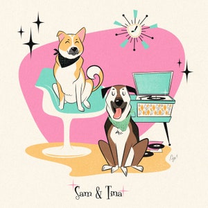 2 HUISDIEREN Retro portret op maat; Honden- of kattencartoon; Moderne stijl uit het midden van de eeuw; Huisdierportret; Cadeau voor hondenliefhebber, retroliefhebbers, moeder, verjaardag