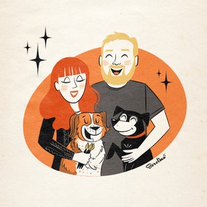 4 people or pets custom portrait cartoon; Just upper body; Retro vibe portrait; Midcentury Modern style; Personalized family portrait