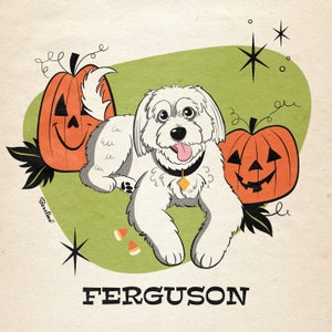 1 retrato PET Retro; Caricatura de perro o gato; Estilo moderno de mediados de siglo; Memorial de pérdida de mascotas; Regalo para amantes de los perros, novia, cumpleaños, Halloween.
