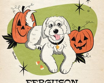1 PET Retro portrait; Dog or cat cartoon; Midcentury Modern style; Pet loss memorial; Gift for dog lovers, girlfriend, birthday, Halloween
