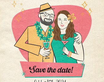 Save the day invitation; Custom Portrait in retro style; Includes 2 humans; Midcentury Modern cartoon; Engagement, Wedding, Anniversary gift