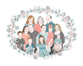 FAMILY of 11 members custom portrait; Big family portrait; Can include humans or pets