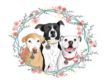 Three Pets custom portrait; Portrait of 3 dogs or cats; Custom portrait; Dog illustration; 3 cats illustration; 3 dogs cartoon