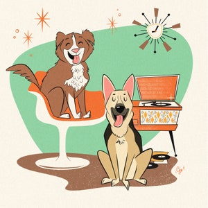 2 HUISDIEREN Retroportret; Honden- of kattencartoon; Midden van de eeuw modern; Huisdierportret; Gedenkteken voor verlies van huisdier; Cadeau voor moeder, ouders, vriendin; Retro jaren 50