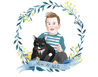 1 CHILD + 1 PET custom portrait; Baby and pet portrait; Custom portrait of child; Children and pets; Kid and dog personalized drawing