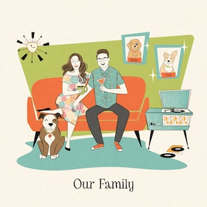 5 people or pets custom potrait; Retro Family cartoon; Pets and family portrait; Cat or dog portrait; 50s vibe; Gift for Wife, Parents, Dad