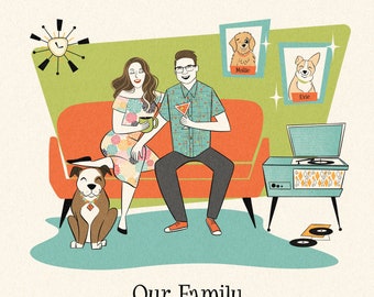 5 people or pets custom potrait; Retro Family cartoon; Pets and family portrait; Cat or dog portrait; 50s vibe; Gift for Wife, Parents, Dad