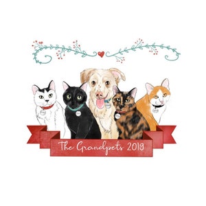 Five Dogs or cats custom portrait Five pets digital portrait Dogs cartoon Pet lover gift Family of dogs handmade portrait image 2