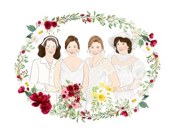 Bride custom portrait; Three generations portrait; Includes 4 people; Mother of the bride gift; Wedding; Gift for sister, grandmother, mom