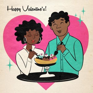 Romantic Portrait in retro cartoon style; Includes 2 humans; Midcentury Modern cartoon; Custom portrait of African American