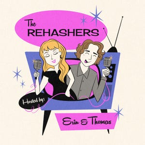 2 people cartoon portrait; Business announcement; Midcentury Modern; Logo, Fun cartoon of couple, Retro inspired logo, Includes text