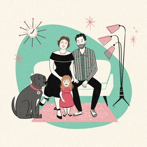 4 PETS or HUMANS Retro family portrait; Custom portrait; Family cartoon; Pets and family portrait; Dog cartoon; Corgi; Housewarming gift