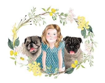 1 CHILD + 2 PETS custom portrait; Baby and dog portrait; Children's portrait; Pet portrait; Mother's day gift