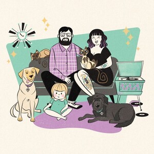 Custom portait includes 7 pets or humans; Retro family portrait; Retro cartoon; Family cartoon; Dog and cat cartoon; Funny portrait