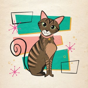 1 PET Retro portrait; Cat cartoon; Midcentury Modern illustration; Pet portrait; Cat lover; Birthday gift; Fun gift with retro vibe