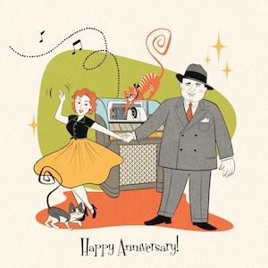 4 people or pets Retro Custom portrait, Family portrait, Dog cartoon, Midcentury Modern design, Family cartoon with pets, Anniversary gift