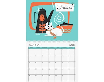 Mid-Century Cat Wall Calendar | 12-Month Monthly Calendar
