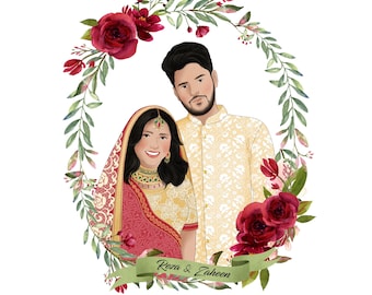Newly weds custom portrait of couple, Digital invitation, Save the date, Personalized wedding gift, Gift for bride or groom, Indian wedding.