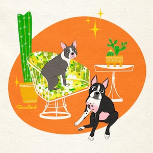 2 Gatos o perros Retrato retro; Dibujos animados de mascotas; Moderno de mediados de siglo; Memorial de pérdida de mascotas; Regalo para amantes de los gatos, mamá, esposa, novia, cumpleaños.