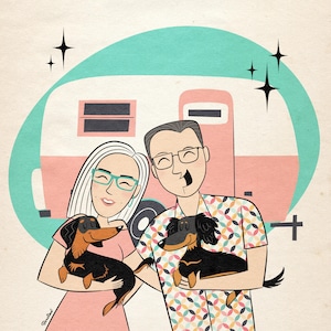 Cartoon of 4 people or pets custom portrait; Just upper body; Retro vibe portrait; Midcentury Modern; Personalized family portrait