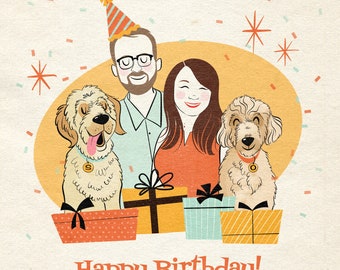 5 people or pets digital cartoon; Birthday card in a retro style; Birthday present; Personalized portrait; Family cartoon; Dog cartoon; Pet