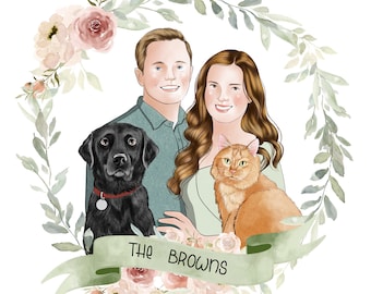 2 HUMANS + 2 PETS custom portrait; Couple with pets; You and your pets; Anniversary gift; Newly weds; Engagement gift; Dog  or cat portrait