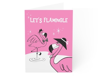 Flamingo Valentine’s Day Card, Let’s Flamingle, Midcentury Modern design, Romantic card for her or him
