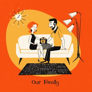3 people or pets custom portrait, Retro vibe portrait, Family cartoon, Dog or cat drawing, Gift for husband, couple, anniversary, Midcentury