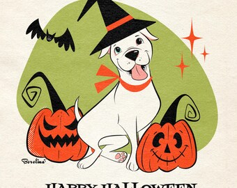 1 pet Halloween custom portrait, Personalized gift for dog or cat lovers,Dog cartoon in Midcentury Modern style, Spooky dog, Witch dog
