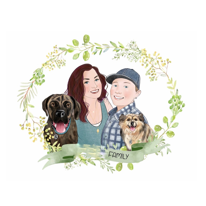 2 HUMANS 2 PETS custom portrait Gay Couple portrait Newly weds Anniversary gift Owners and pets Dog portrait image 2