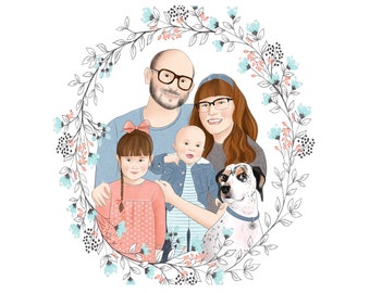 Baby portrait; Family handmade portrait; Family and pets drawing; Family illustration, Children and parents portrait, New brother