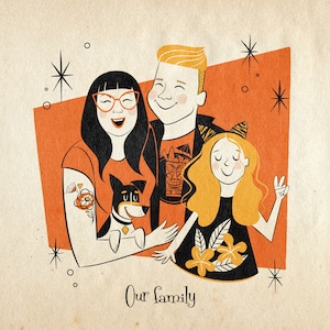 4 people or pets custom portrait in cartoon style; Just upper body; Retro vibe portrait; Midcentury Modern; Personalized pet portrait