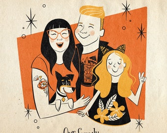 4 people or pets custom portrait in cartoon style; Just upper body; Retro vibe portrait; Midcentury Modern; Personalized pet portrait