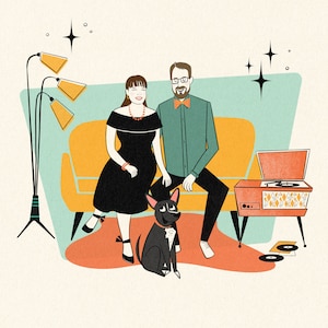 3 people or pets Custom retro portrait; full body with background; Midcentury Modern cartoon; Family cartoon; Dog cartoon; retro