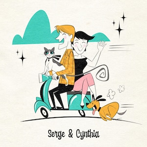 Benutzerdefiniertes Porträt; Beinhaltet 4 Personen oder Haustiere Katze oder Hund, Retro-Porträt, romantische Karte; Geschenk für Paar, Freundin, Midcentury Modern style