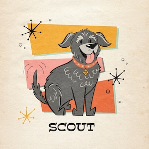 1 PET Retro portrait; Dog cartoon; Midcentury Modern illustration; Pet portrait; Cat cartoon; Birthday gift; Fun gift for retro lovers