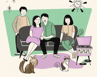 7 PETS or HUMANS portrait; Retro cartoon; Pets and family portrait; Cat cartoon; Midcentury Modern family portrait; Asian family cartoon