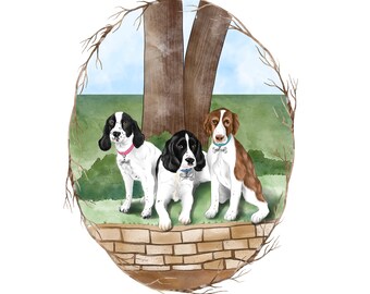 Three dogs or cats custom portrait; Dog portrait; Cat portrait; Custom illustration; English Springer Spaniel dogs; Birthday gift