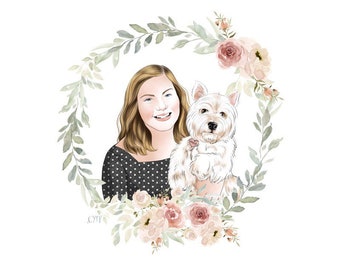1 PET + 1 HUMAN; Custom portrait of you and your pet; Unique gift for girlfriend; Dog lover; Cat lover; Personalized portrait of pet
