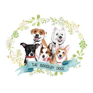 Five Dogs or cats custom portrait Five pets digital portrait Dogs cartoon Pet lover gift Family of dogs handmade portrait image 1