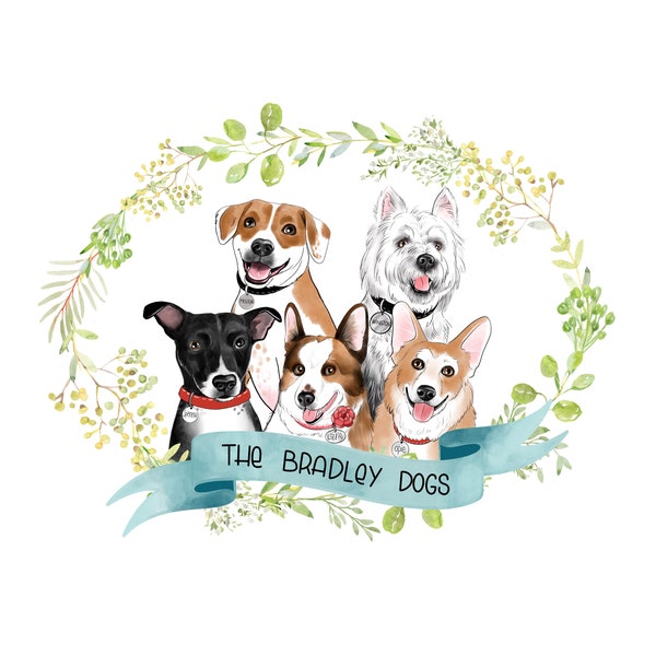 Five Dogs or cats custom portrait; Five pets digital portrait; Dog’s cartoon; Pet lover gift; Family of dogs handmade portrait