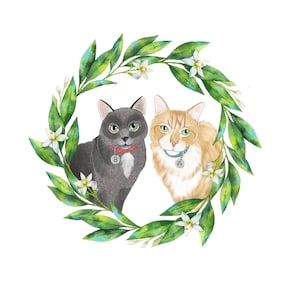 Two Cats custom portrait Tabby cat Grey cat illustration Portrait of two cats Kitten portrait Fluffy cat Gift for her Cat lover gift image 1