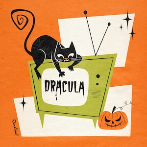 1 CAT custom portrait Midcentury Modern style; Any breed of cat with vintage TV background; Custom cartoon of your pet; Spooky halloween cat