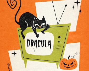1 CAT custom portrait Midcentury Modern style; Any breed of cat with vintage TV background; Custom cartoon of your pet; Spooky halloween cat