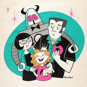4 people or pets custom portrait cartoon; Just upper body; Retro vibe portrait; Midcentury Modern style; Personalized family portrait, Dogs