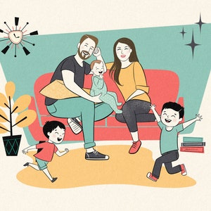 5 PETS OR HUMANS custom potrait; Retro cartoon; Family cartoon; Pets and family portrait; Birthday gift; Anniversary gift; Digital portrait